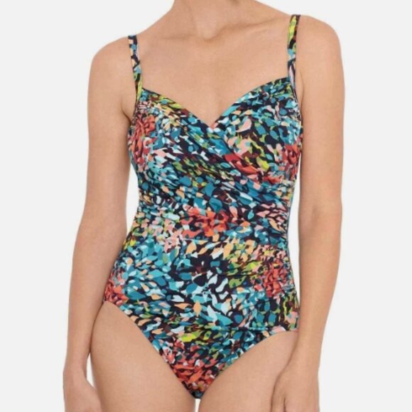 NWT! Swim Solutions Multi Color Surplice Slimming Printed One Piece Swimsuit NEW - Picture 1 of 4